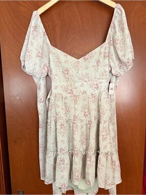 Altar'd State Mint Tunic with Pink Floral Print and Puff Sleeves